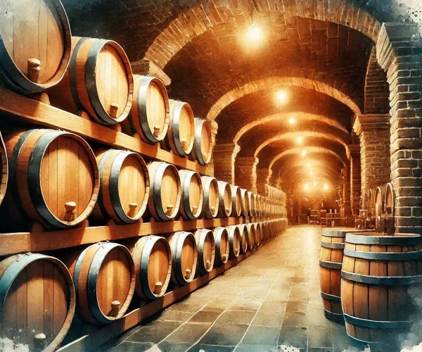 DALL·E 2025-02-05 19.34.47 - A beautiful watercolor-style painting of a cozy wine cellar with rows of wooden Barrique barrels made of French and American oak. The scene is softly